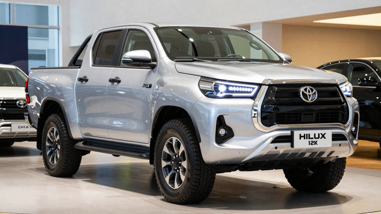 Picape prata Toyota Hilux 12K exposta em show room com faróis acesos.