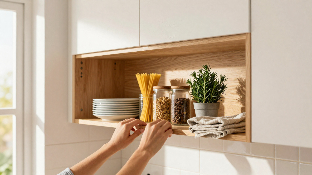Mãos organizando prateleira de cozinha com pratos, potes de macarrão, grãos e planta decorativa.