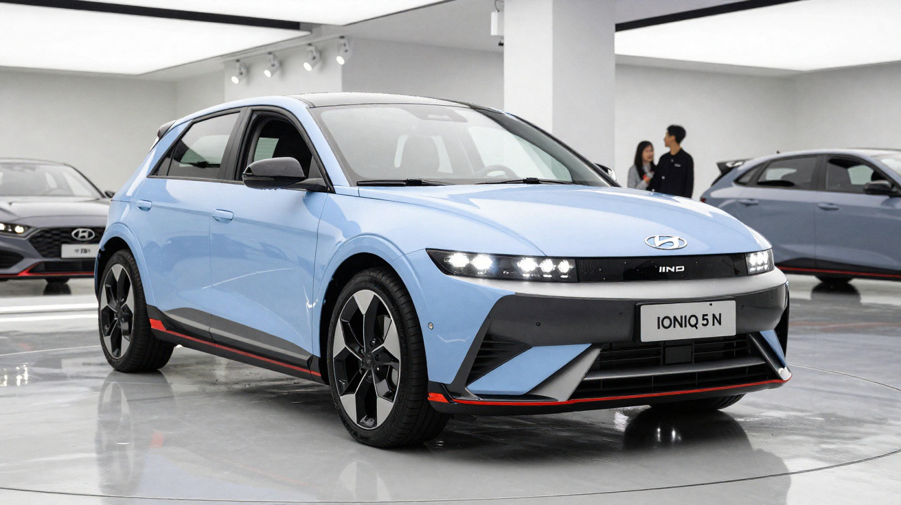 Carro Hyundai Ioniq 5 N azul claro em exposição com design futurista e rodas pretas.