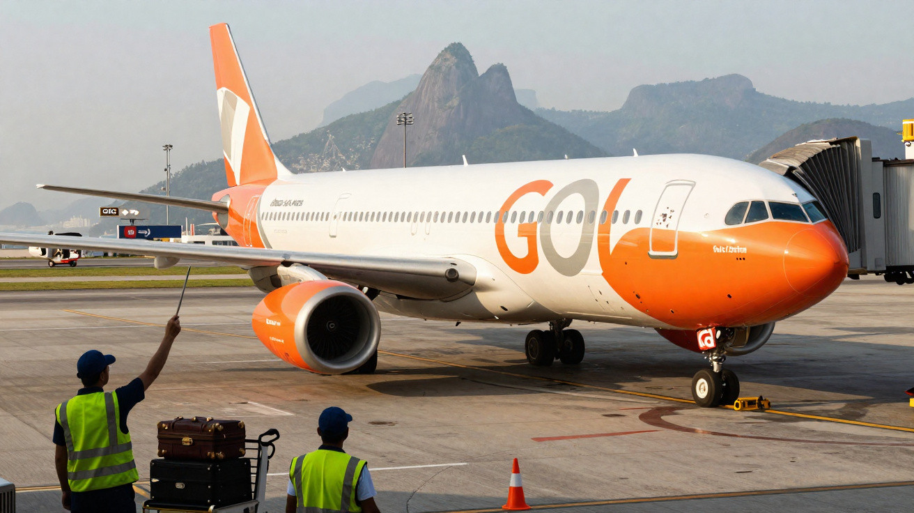 Avião da GOL no aeroporto com funcionários e montanhas ao fundo, em dia ensolarado.