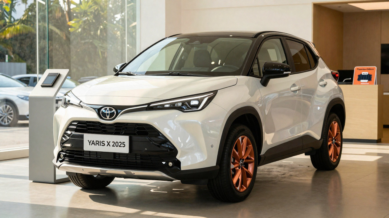 Carro Toyota Yaris X 2025 branco com rodas douradas em showroom iluminado.