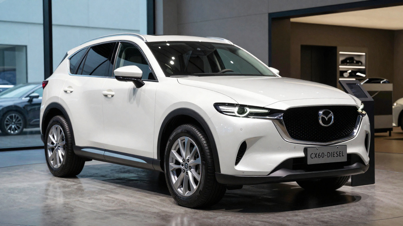 Carro SUV branco Mazda CX-60 Diesel exibido em showroom moderno com piso cinza polido.
