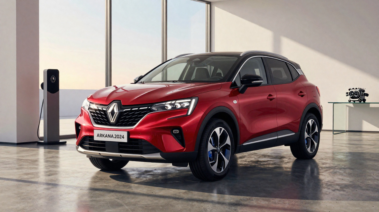 Carro SUV vermelho Renault Arkana 2024 estacionado em ambiente interno com carregador elétrico ao lado.