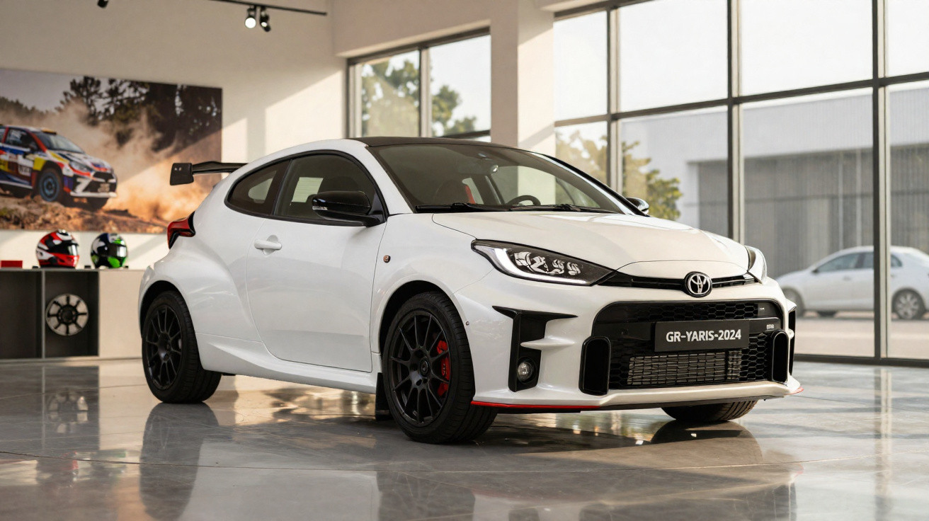 Carro esportivo branco Toyota GR Yaris 2024 em showroom com teto preto e rodas pretas.