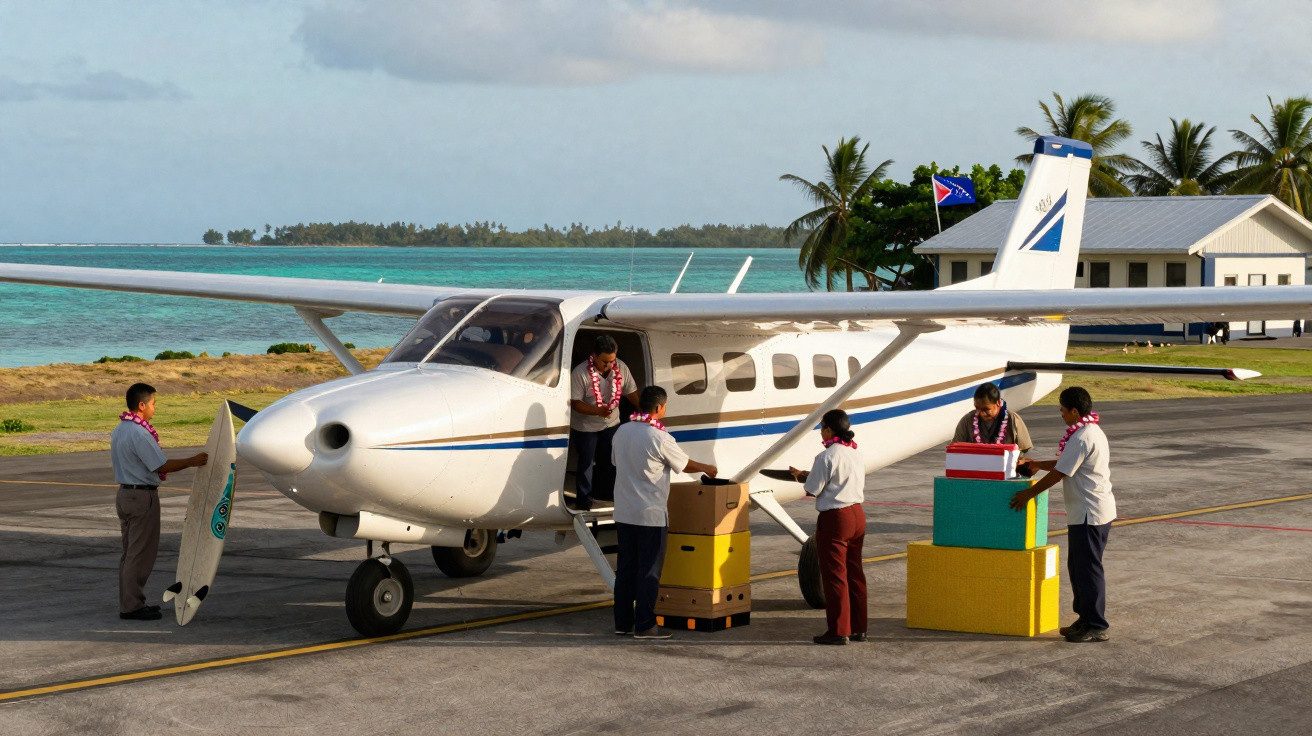 Avião pequeno em pista perto do mar com pessoas descarregando caixas coloridas ao redor.
