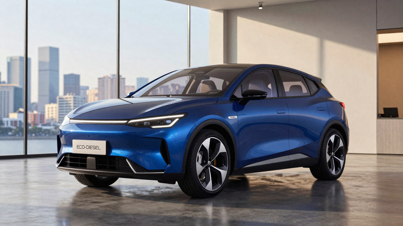 Carro SUV azul elétrico moderno em ambiente interno com grandes janelas e vista para cidade ao fundo.
