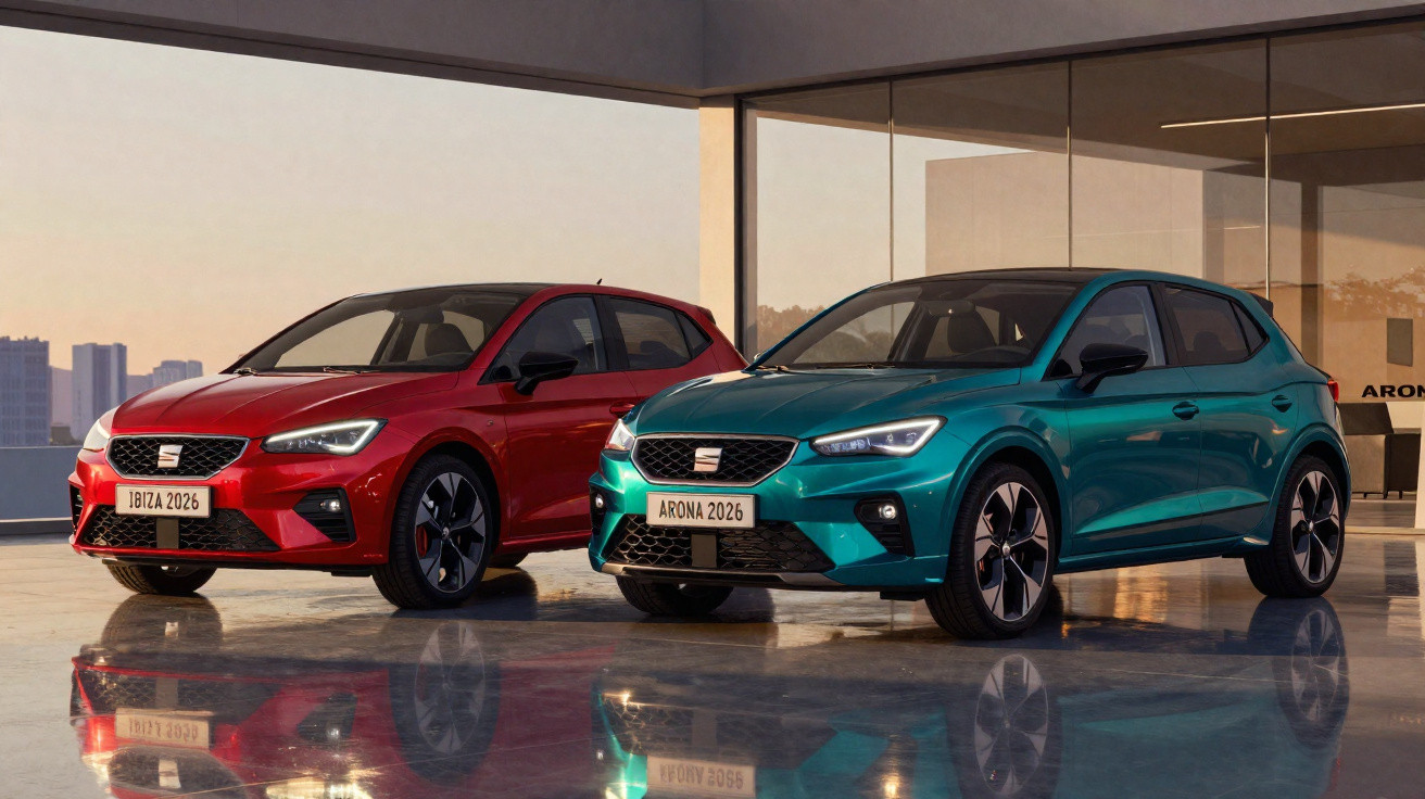 Dois carros Seat 2026, um vermelho (Ibiza) e um azul (Arona), estacionados em área moderna com vidro.