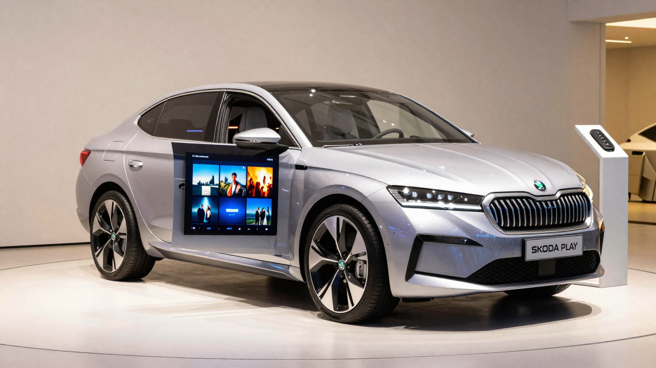 Carro prata Skoda Play em exposição, com tela digital grande aberta na porta do motorista.