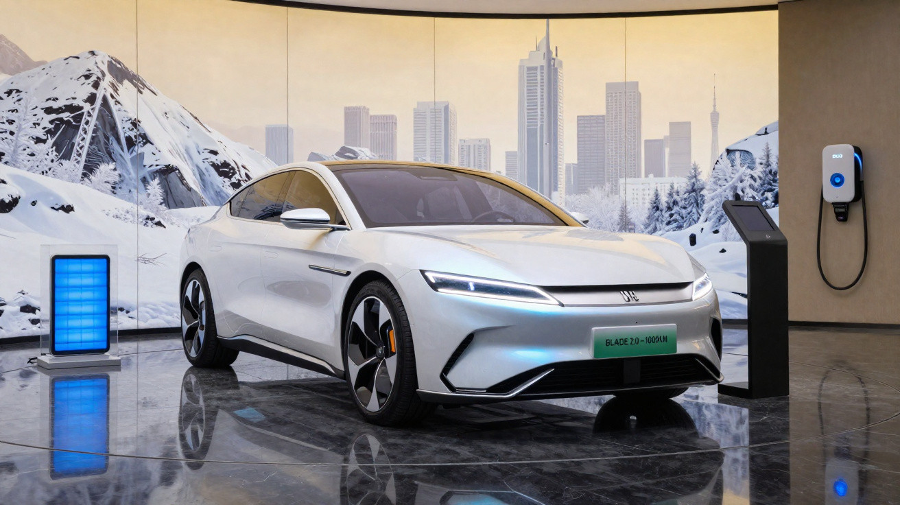 Carro elétrico branco moderno estacionado em showroom com painel urbano e montanhas ao fundo.