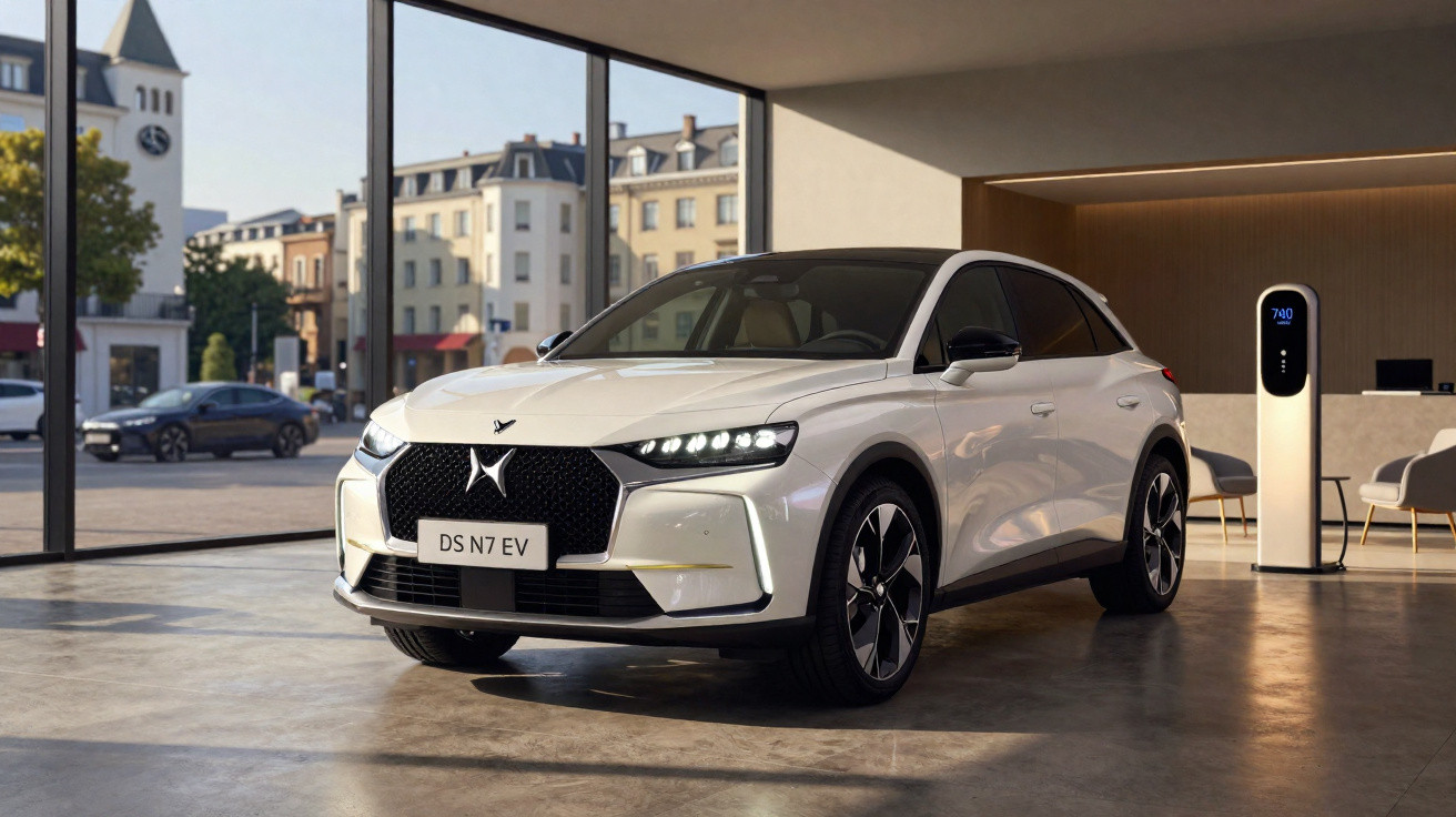 Carro elétrico DS N7 EV branco estacionado em ambiente moderno com carregador ao fundo.