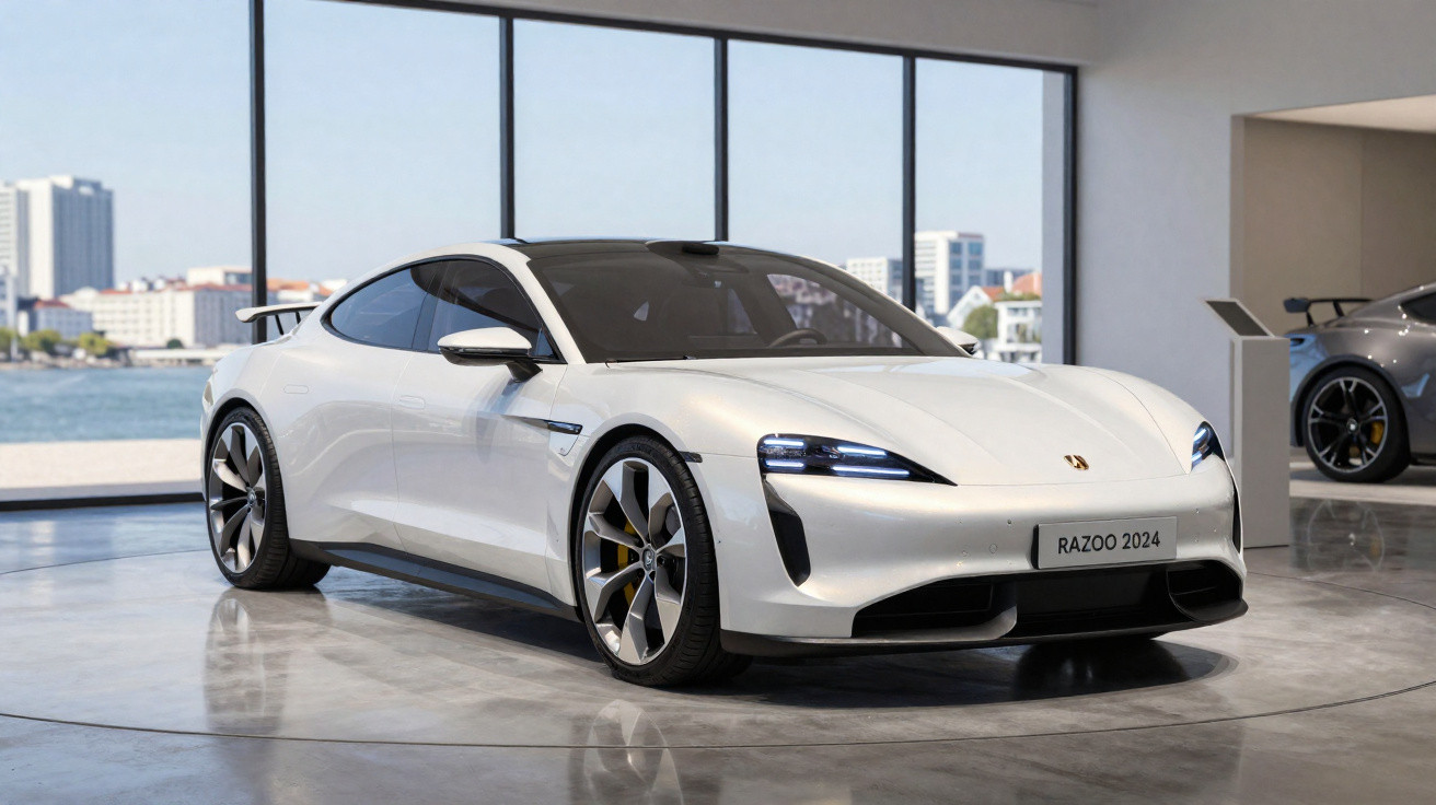 Carro esportivo branco elétrico Razoo 2024 em exposição interna com vista para o mar e prédios ao fundo.