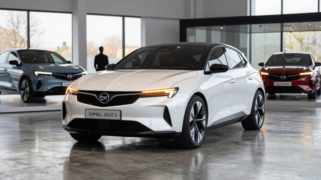 Carro branco Opel 2023 em showroom moderno com teto preto e faróis acesos.