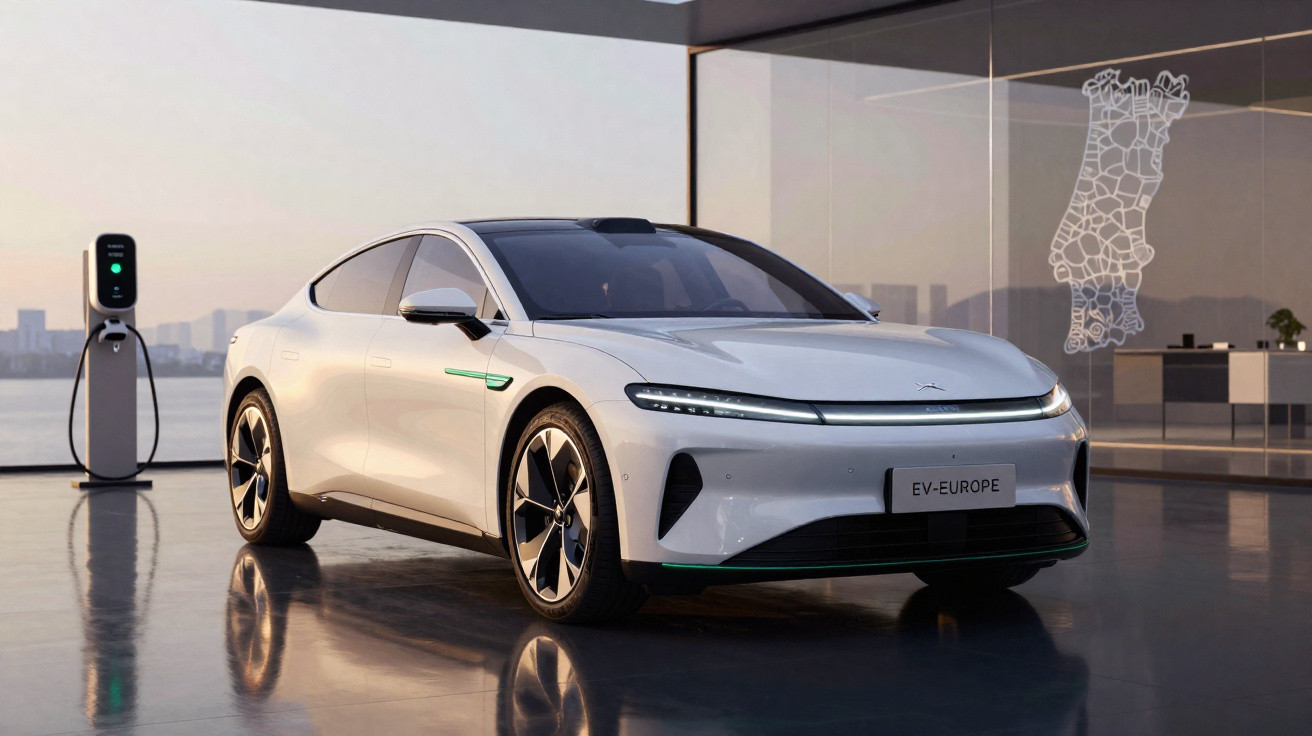 Carro elétrico branco estacionado em salão moderno com carregador e mapa iluminado na parede.