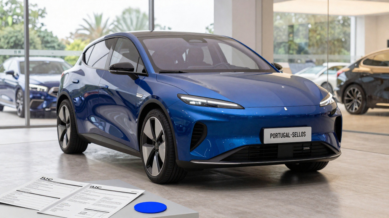 Carro elétrico azul moderno em exposição dentro de showroom com pisos claros e janelas grandes.