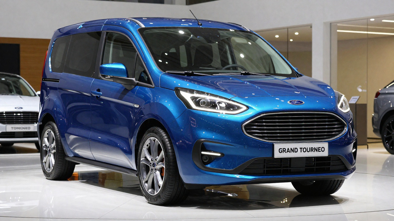 Carro Ford Grand Tourneo azul exibido em salão automotivo com luzes refletidas no teto.