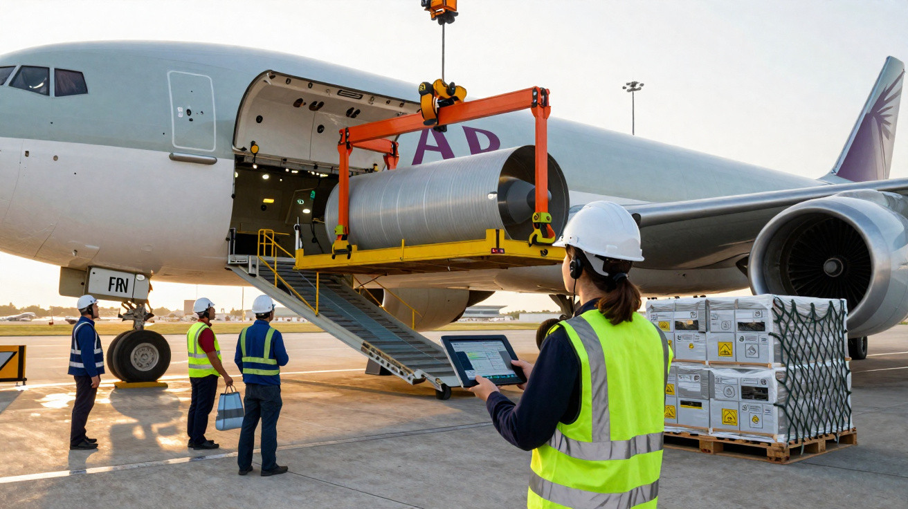 Funcionários com coletes e capacetes supervisionam carga sendo colocada no porão de avião no aeroporto.