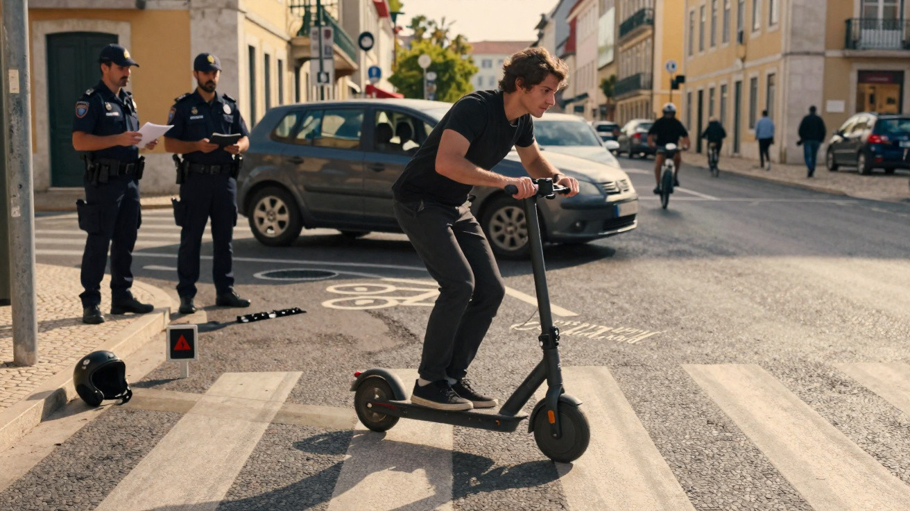 Homem jovem andando de patinete na faixa de pedestres com dois policiais ao fundo observando.
