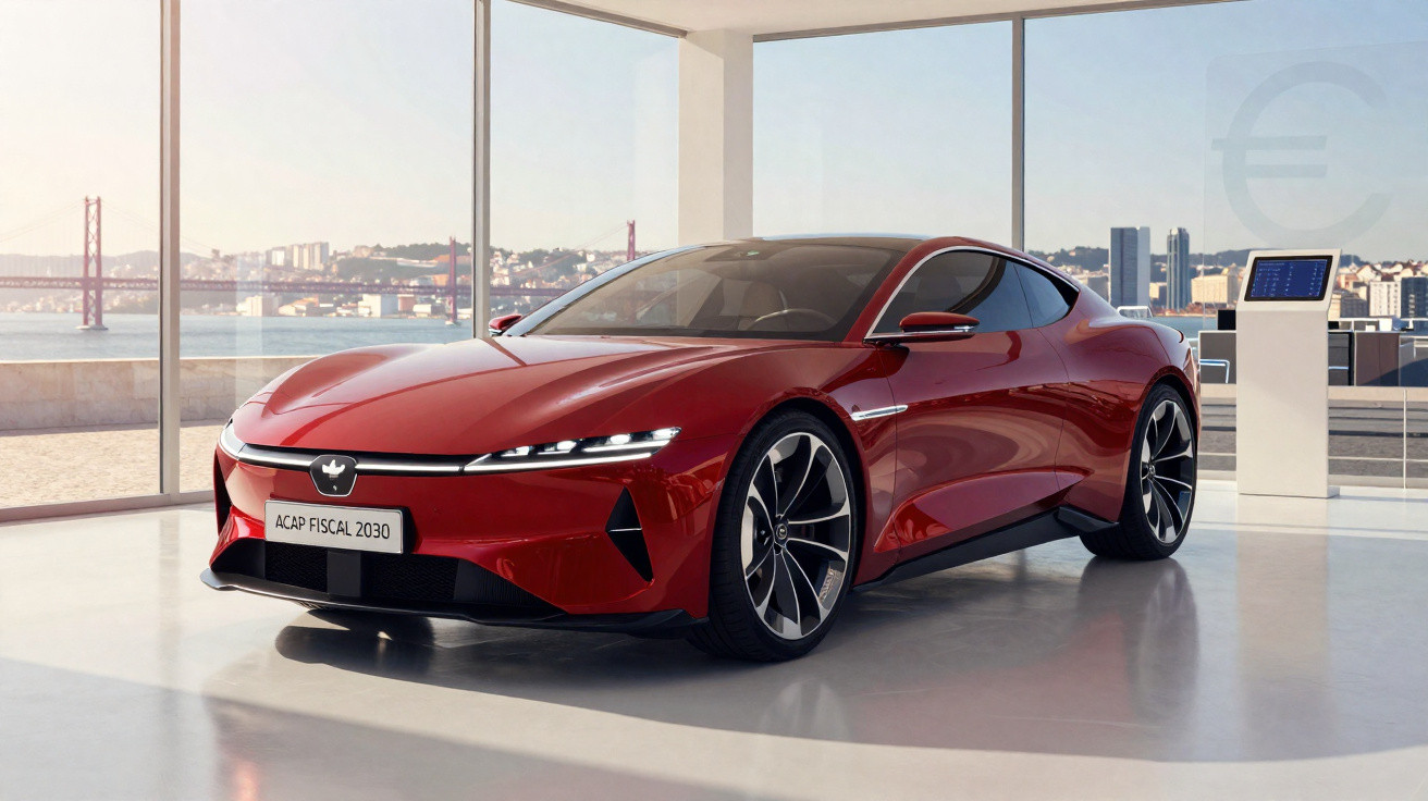 Carro esportivo elétrico vermelho em showroom moderno com vista para ponte e cidade ao fundo.