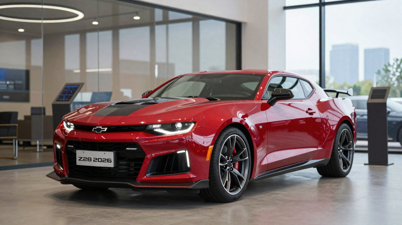 Carro esportivo Chevrolet Camaro Z28 2026 vermelho exibido em showroom moderno com janelas grandes.