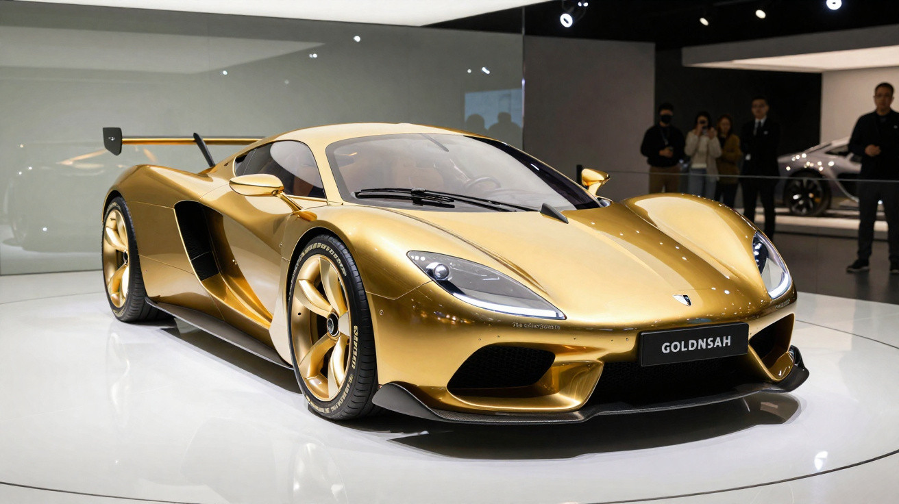 Carro esportivo dourado brilhante em exposição, com design aerodinâmico e rodas douradas.