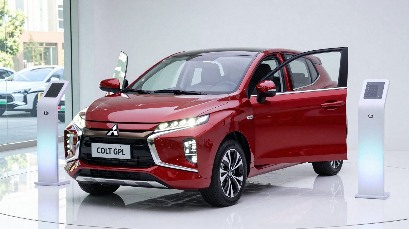 Carro Mitsubishi Colt GPL vermelho com portas dianteiras abertas em showroom moderno e iluminado.