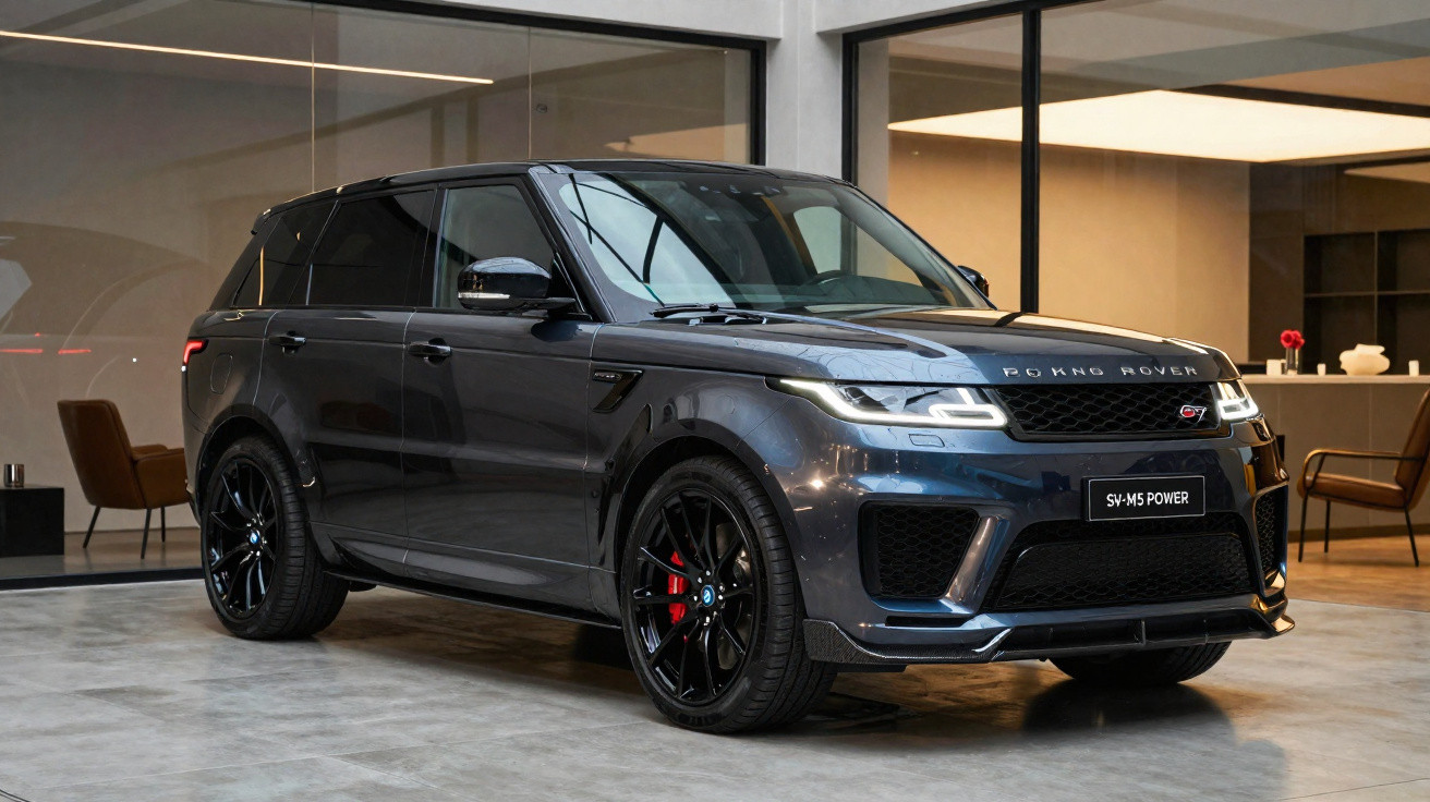 SUV preto Range Rover SV-M5 Power estacionado em piso interno com paredes de vidro ao fundo.