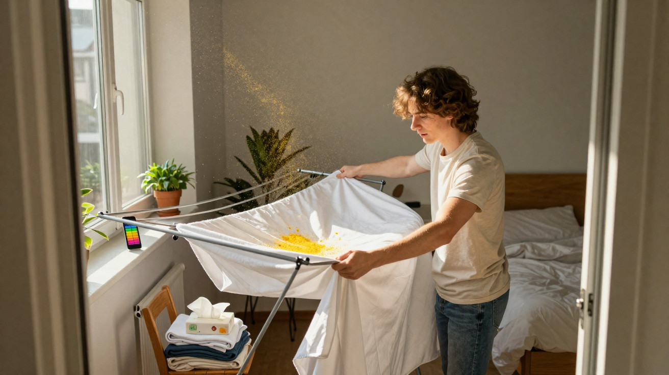 Jovem tentando tirar mancha amarela de lençol branco em secador de roupa dentro de quarto iluminado.