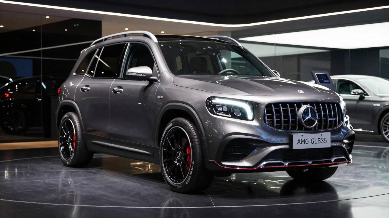 SUV Mercedes-Benz AMG GLB 35 cinza escuro, em exibição interna, com faróis acesos e rodas pretas.