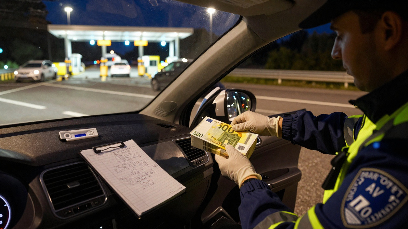 Policial em blitz noturna dentro de carro segurando notas de euro e planilha no painel.