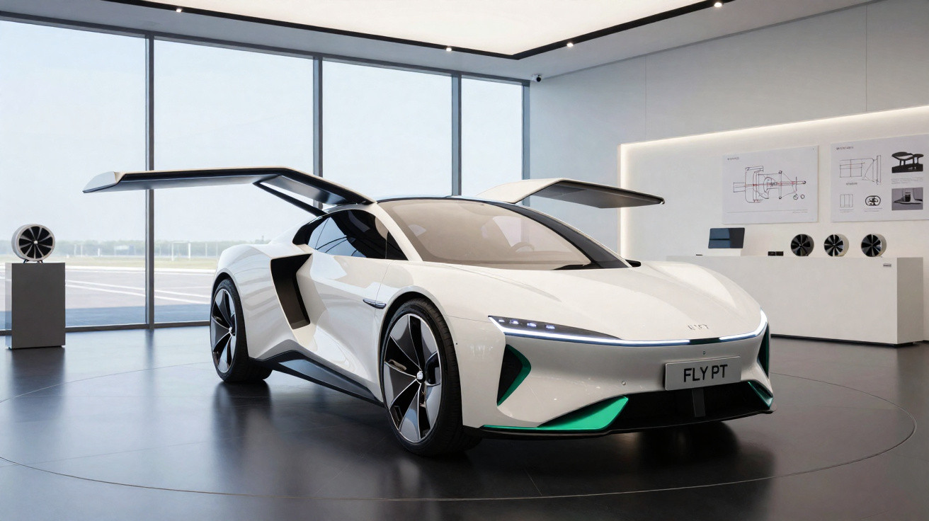 Carro esportivo branco elétrico futurista com portas abertas em formato de asa de gaivota em showroom moderno.