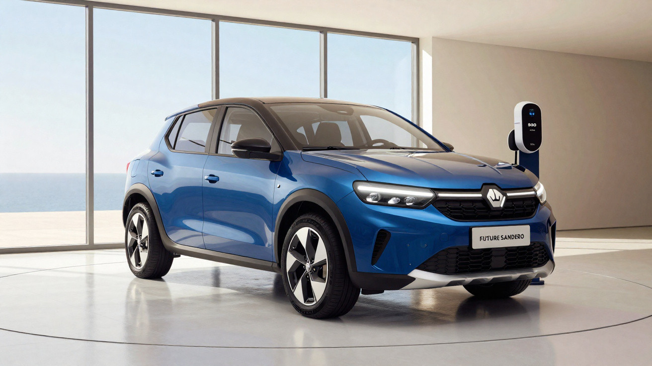 Carro elétrico azul Future Sandero em ambiente interno com parede de vidro e estação de carregamento.