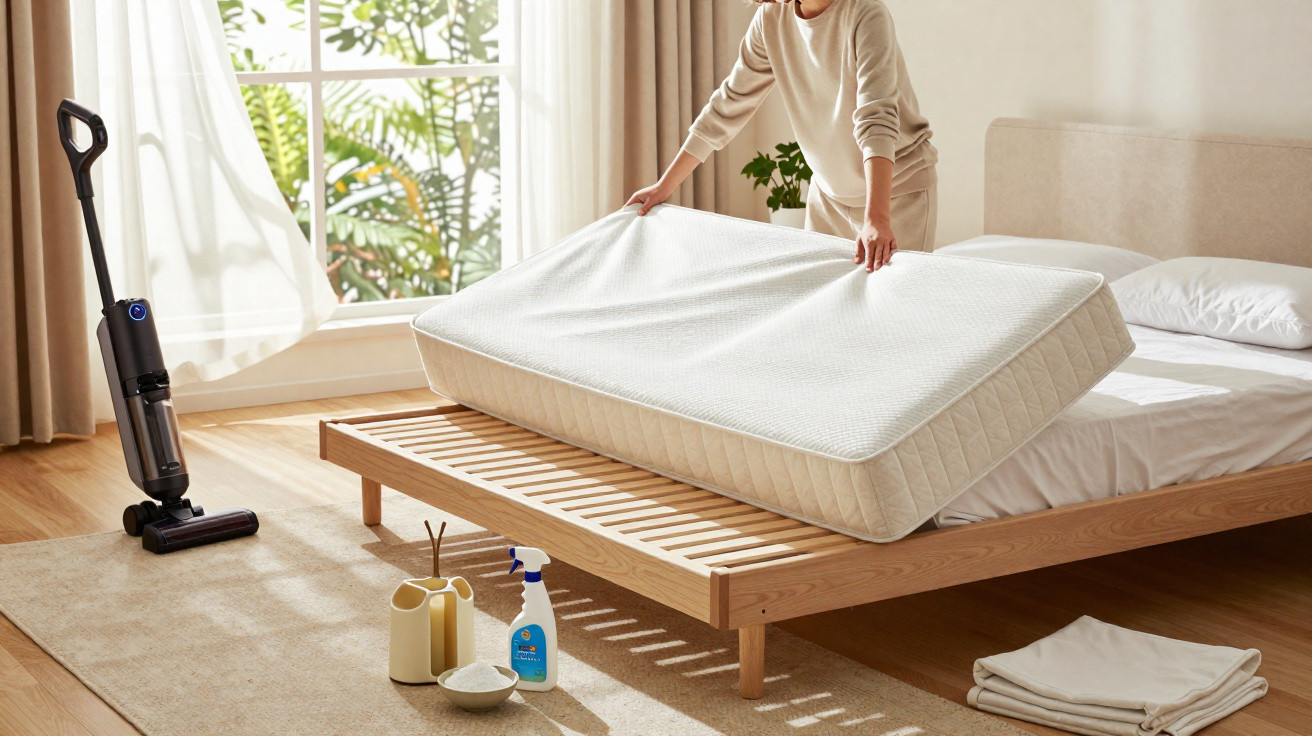 Pessoa tirando colchão de cama de madeira clara em quarto iluminado e arejado com produtos de limpeza.