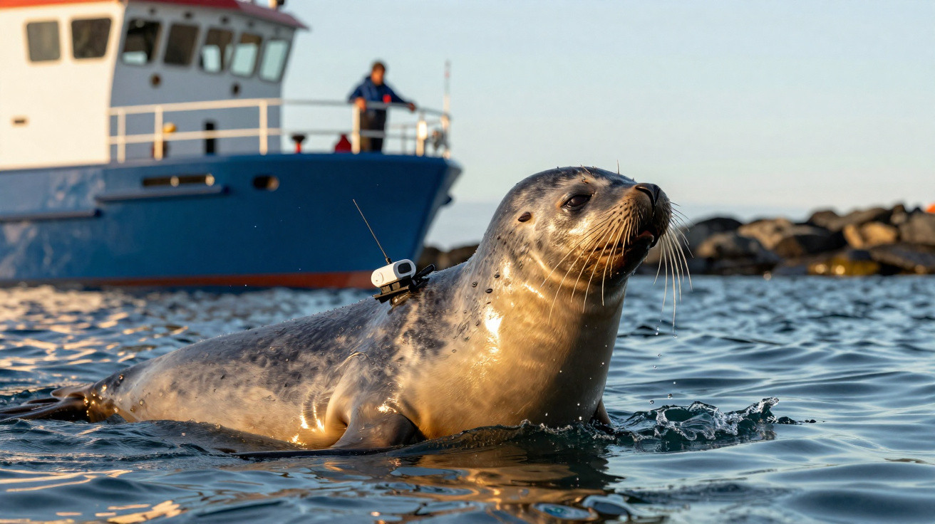 Foca no mar com dispositivo de monitoramento e barco ao fundo durante o dia.