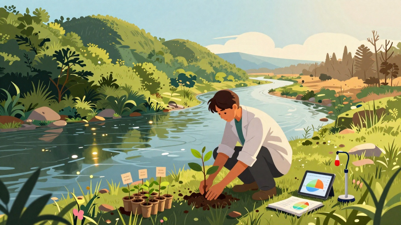 Pessoa plantando muda perto de rio com equipamentos de análise e gráficos em laptop e caderno.