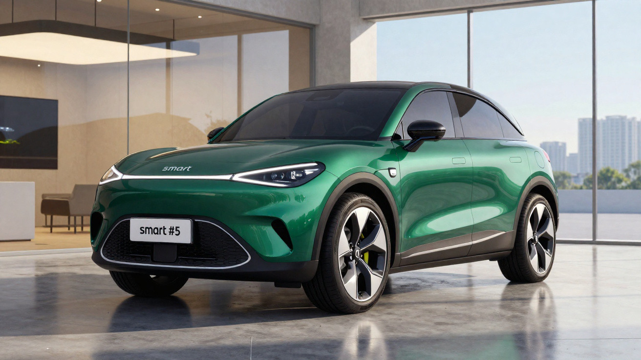 Carro elétrico Smart #5 verde em ambiente interno moderno com janelas grandes e vista urbana ao fundo.
