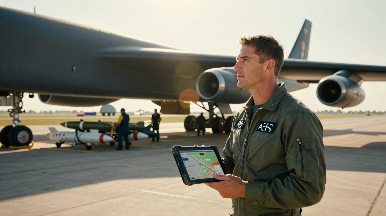 Homem em uniforme militar com tablet em frente a avião militar em hangar ao ar livre.