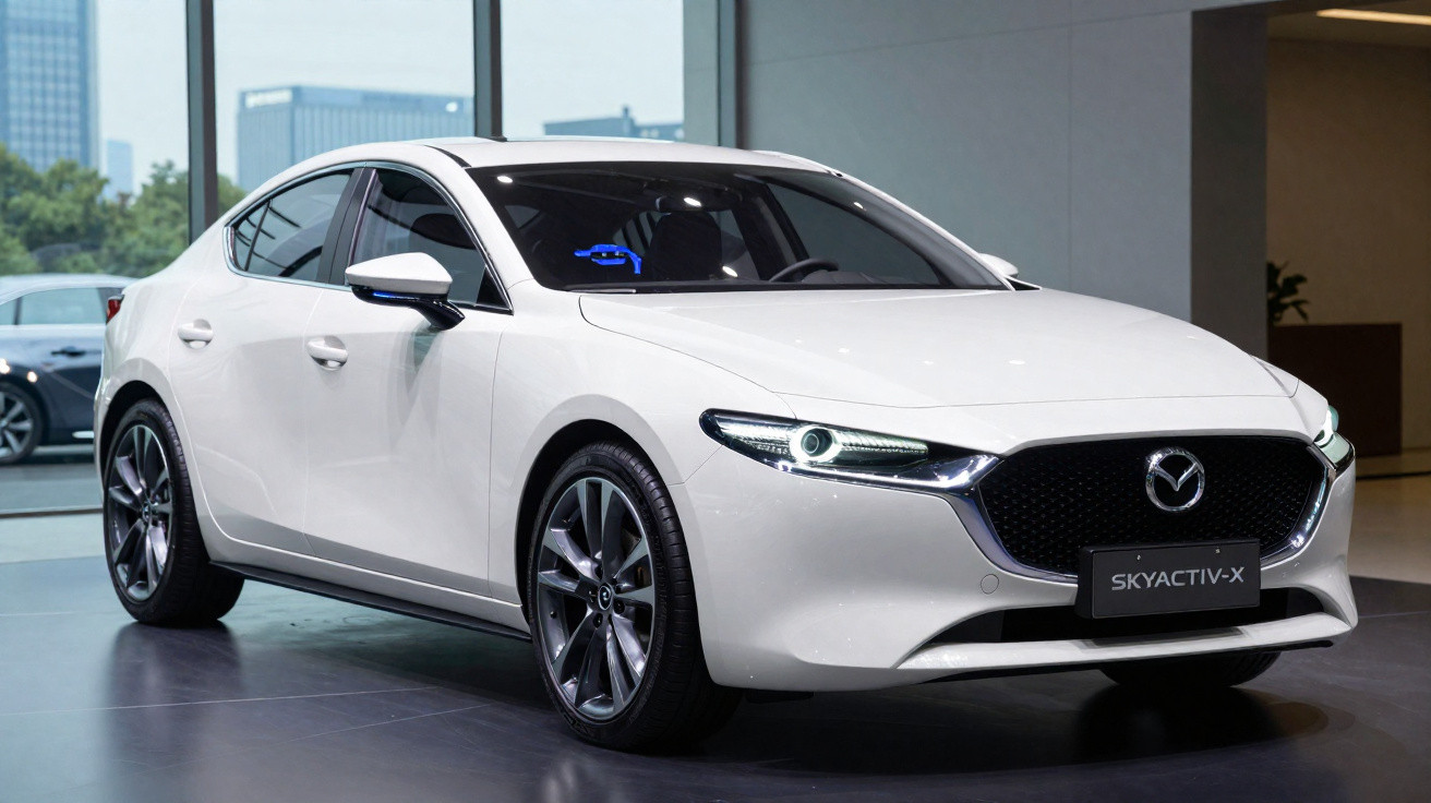 Carro sedan branco Mazda Skyactiv-X exibido em salão de automóveis com iluminação interna.