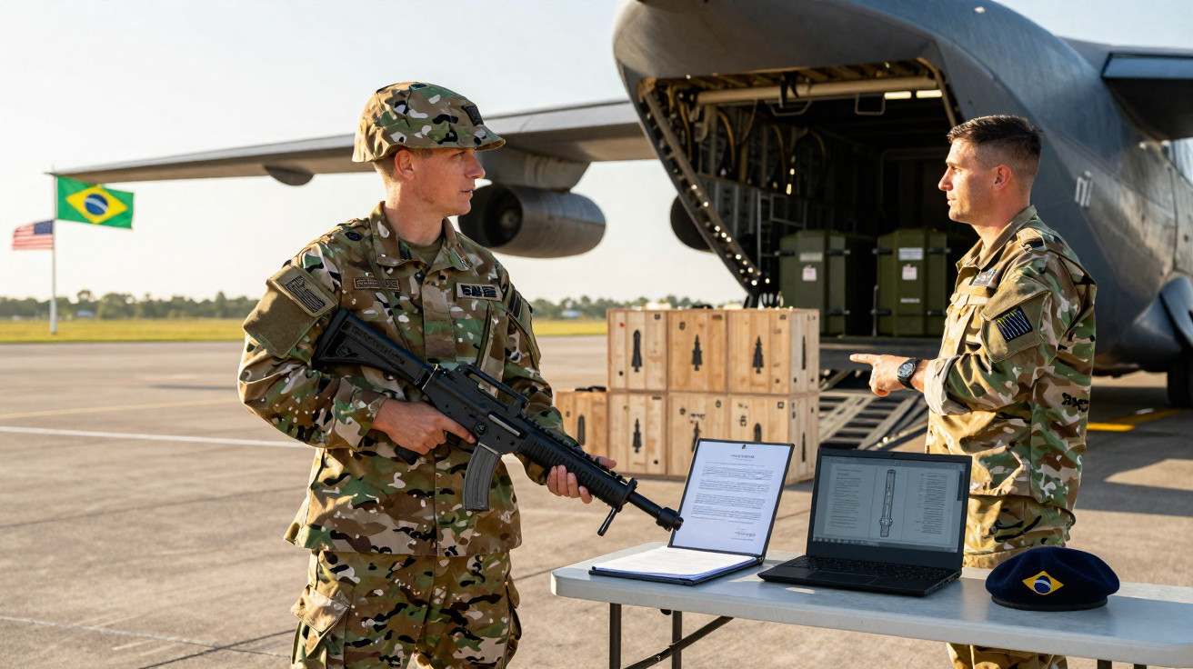 Dois militares em uniforme camuflado perto de avião militar com carga e equipamentos sobre mesa ao ar livre.