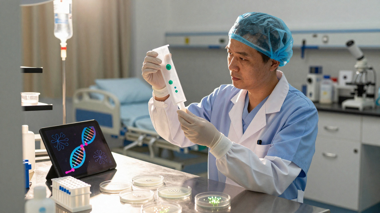 Cientista em laboratório analisando amostras com tablet mostrando imagem de DNA ao fundo.