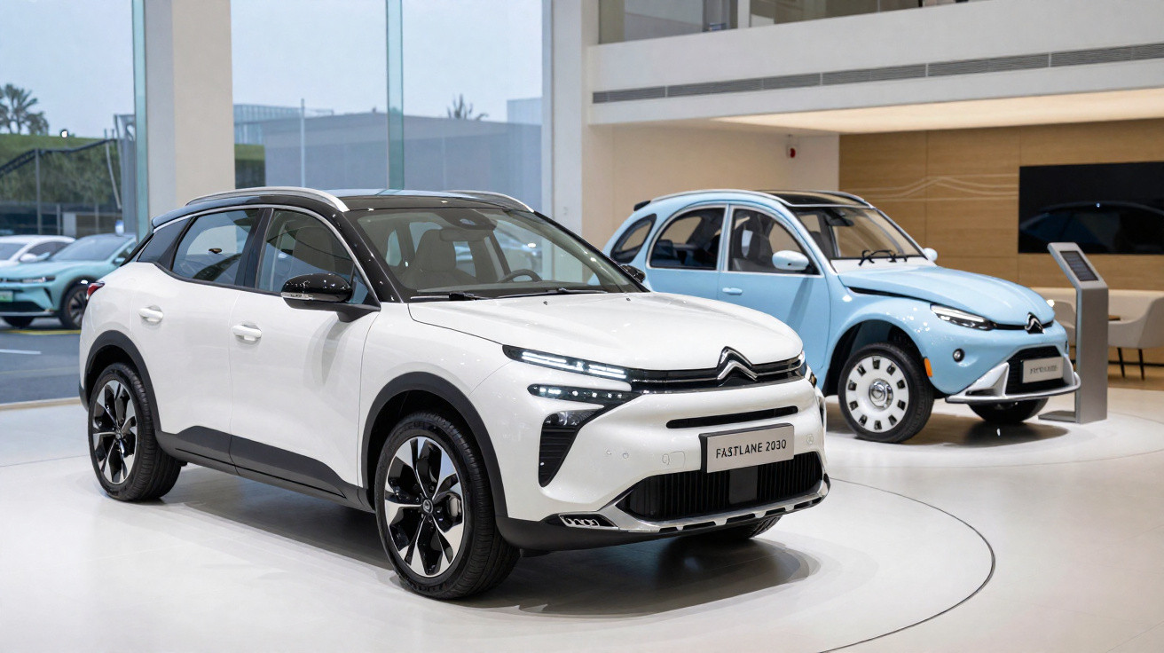 Dois carros elétricos Citroën exibidos em showroom moderno, um branco e um azul claro.