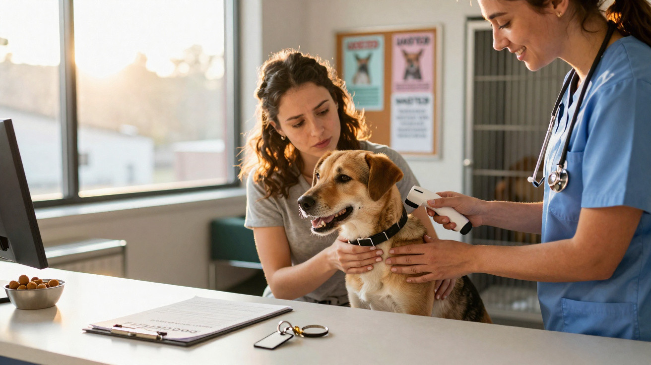 Veterinária examinando um cachorro com dona em clínica veterinária iluminada pelo sol.