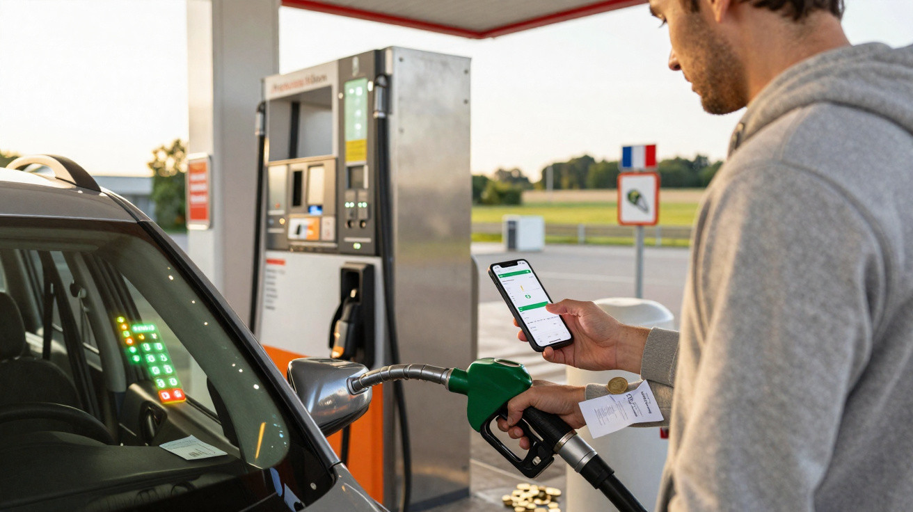 Homem usando celular para pagar enquanto abastece carro em posto de gasolina.