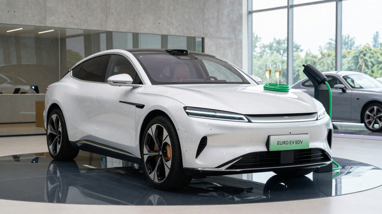 Carro elétrico branco modelo Euro EV 09 em exposição moderna com taças de champanhe sobre o capô.