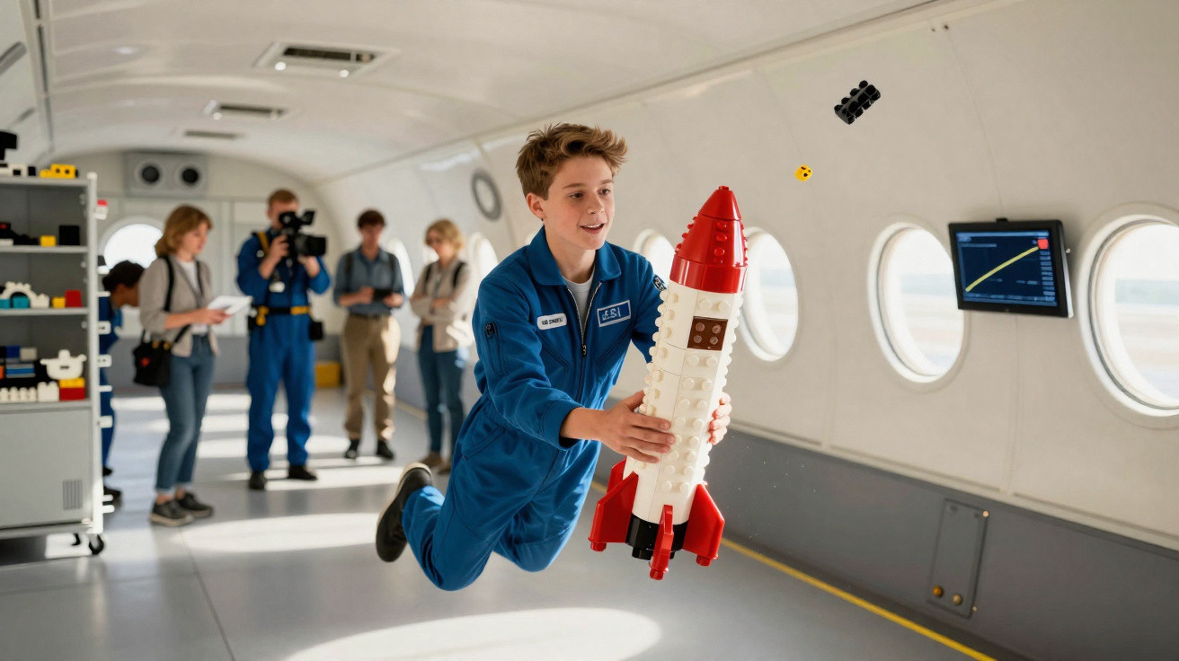 Menino em roupa espacial segura foguete de brinquedo flutuando dentro de cabine de avião com janela redonda.