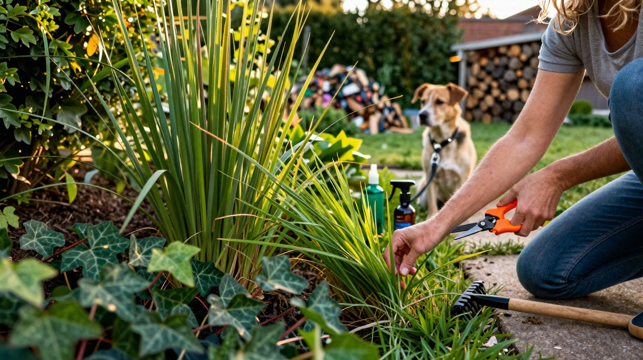 Pessoa cortando plantas com tesoura de jardim em área externa com cachorro ao fundo.