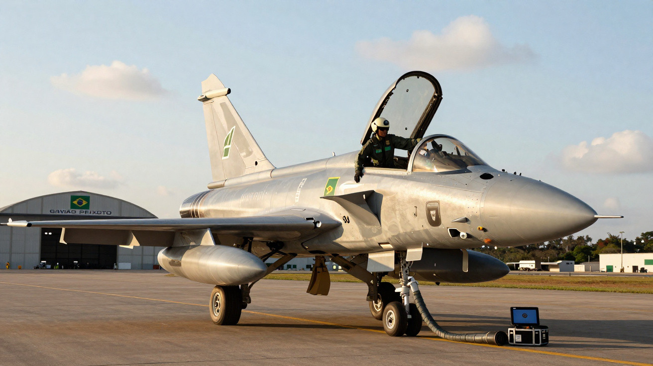 Avião de caça A-1 da Força Aérea Brasileira estacionado em pista com piloto saindo da cabine.