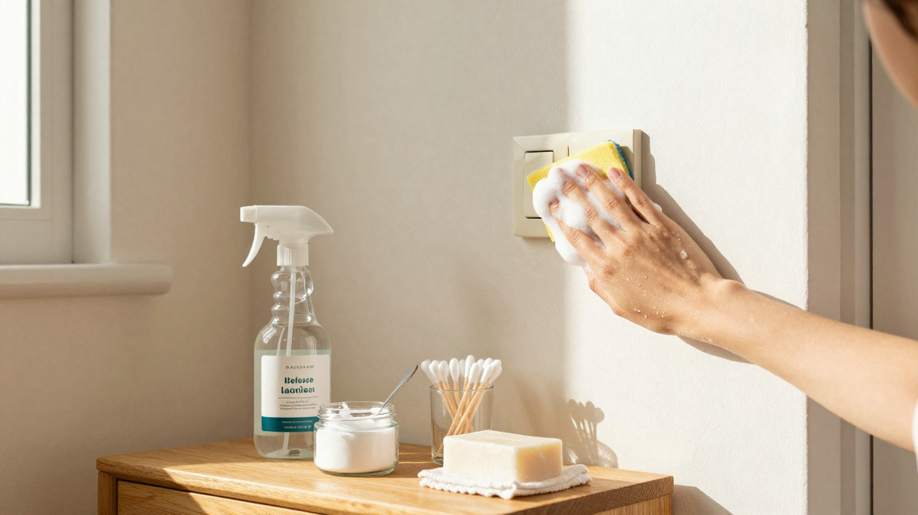 Pessoa limpando interruptor de luz com esponja enquanto produtos de limpeza estão sobre móvel de madeira.