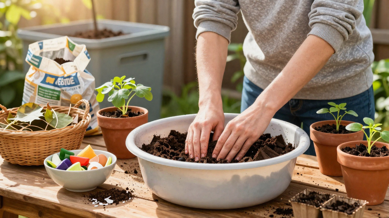 Pessoa preparando terra em bacia para plantar mudas em vasos ao ar livre com acessórios de jardinagem.