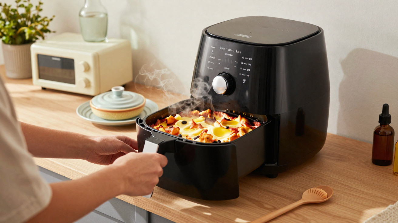 Pessoa retirando lasanha quente e fumegante de uma airfryer preta em bancada de cozinha.