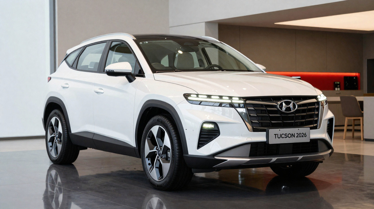 Carro SUV branco Hyundai Tucson 2026 em exposição interna com luzes dianteiras acesas.